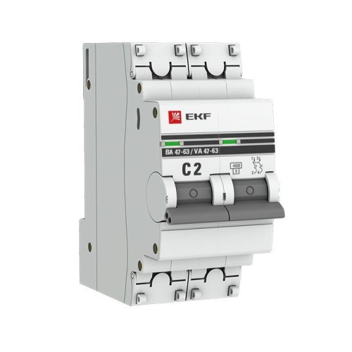 mcb4763-2-02C-pro EKF - Автоматический выключатель 2P 2А (C) 4,5kA ВА 47-63 PROxima
