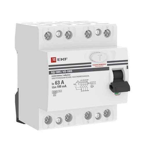 elcb-4-63-100S-em-pro EKF - Устройство защитного отключения селективное 4P 63А/100мА (электромеханическое) PROxima
