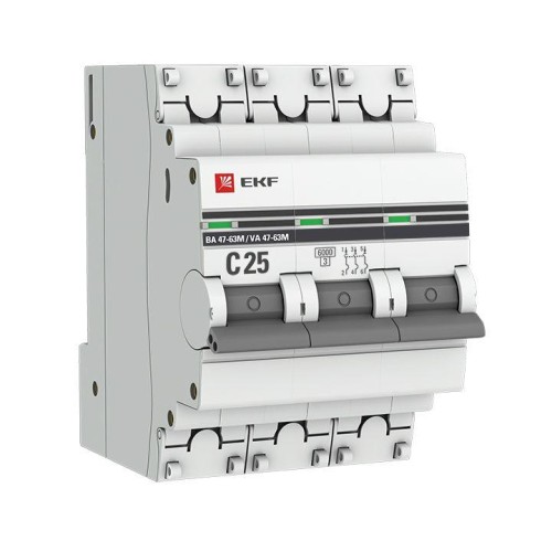 mcb4763m-6-3-25C-pro EKF - Автоматический выключатель 3P 25А (C) 6кА ВА 47-63M без теплового расцепителя PROxima
