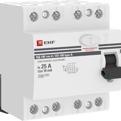 elcb-4-25-10-em-a-pro EKF - Устройство Защитного Отключения ВД-100 4P 25А/10мА (эл-мех, тип А) PROxima
