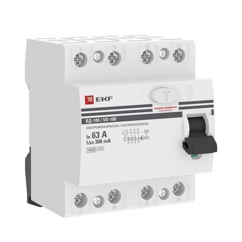 elcb-4-63-300-em-pro EKF - Устройство защитного отключения УЗО ВД-100 4P 63А/300мА (электромеханическое) PROxima

