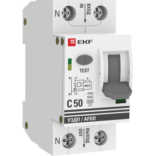 afdd-2-50C-pro EKF - Устройство защиты от дугового пробоя (УЗДП) с автоматическим выключателем 1P+N 50А (C) 6кА PROxima
