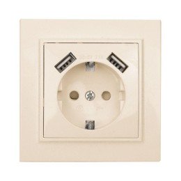 Минск Розетка 1-местная СП с/з 16А бежевая с защ. штор. с 2 USB 2,1А
