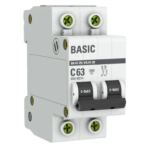 mcb4729-2-63C EKF - Автоматический выключатель 2P 63А (C) 4,5кА ВА 47-29 Basic
