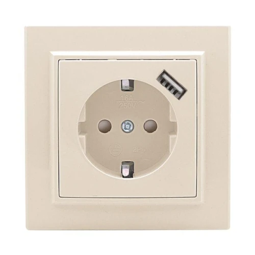 ERR16-028-200-USB EKF - Розетка 1-местная СП с/з Минск 16А бежевая с защ. штор. с USB 1А
